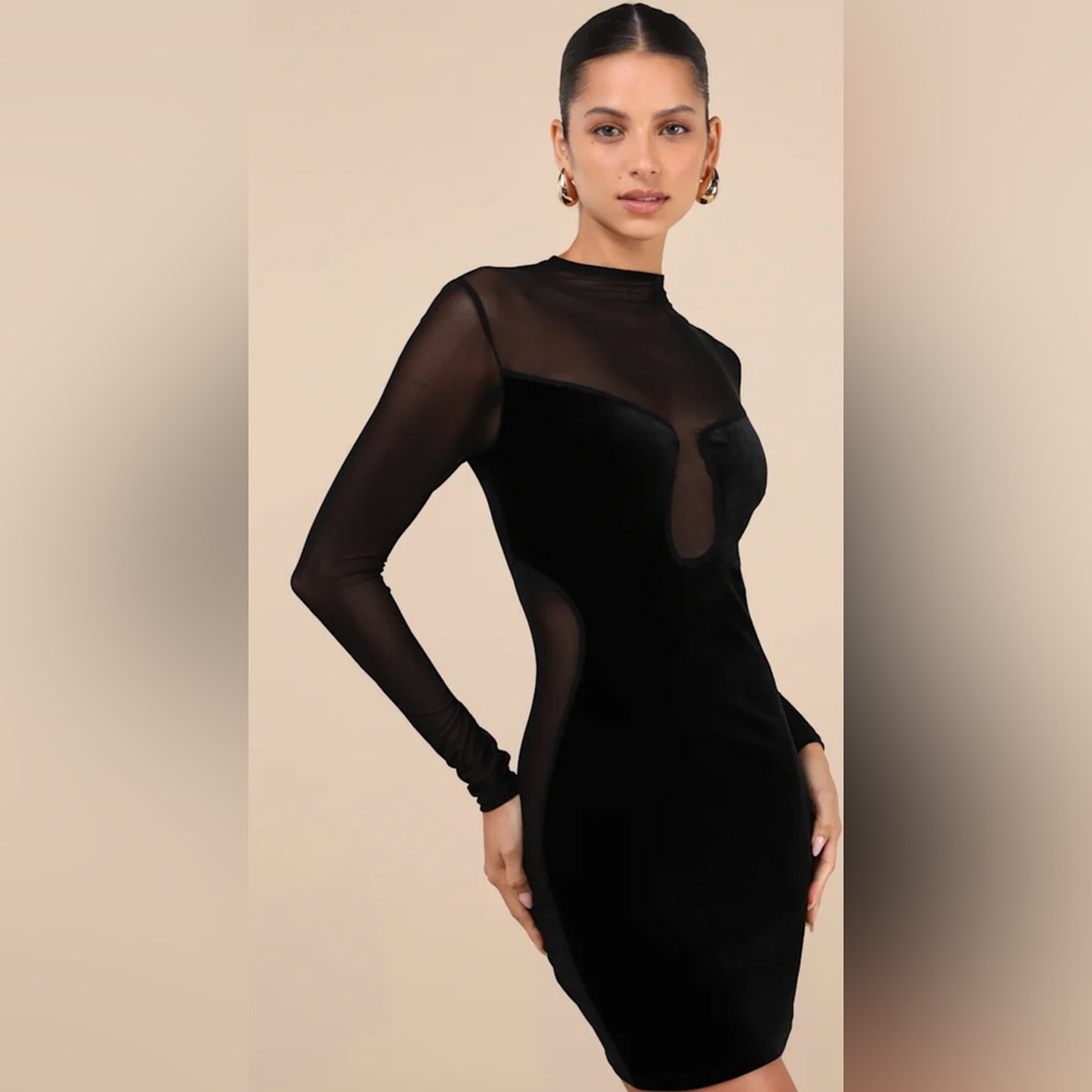 Lulus Black Velvet Mesh Long Sleeve Mini Dress Size M NWT